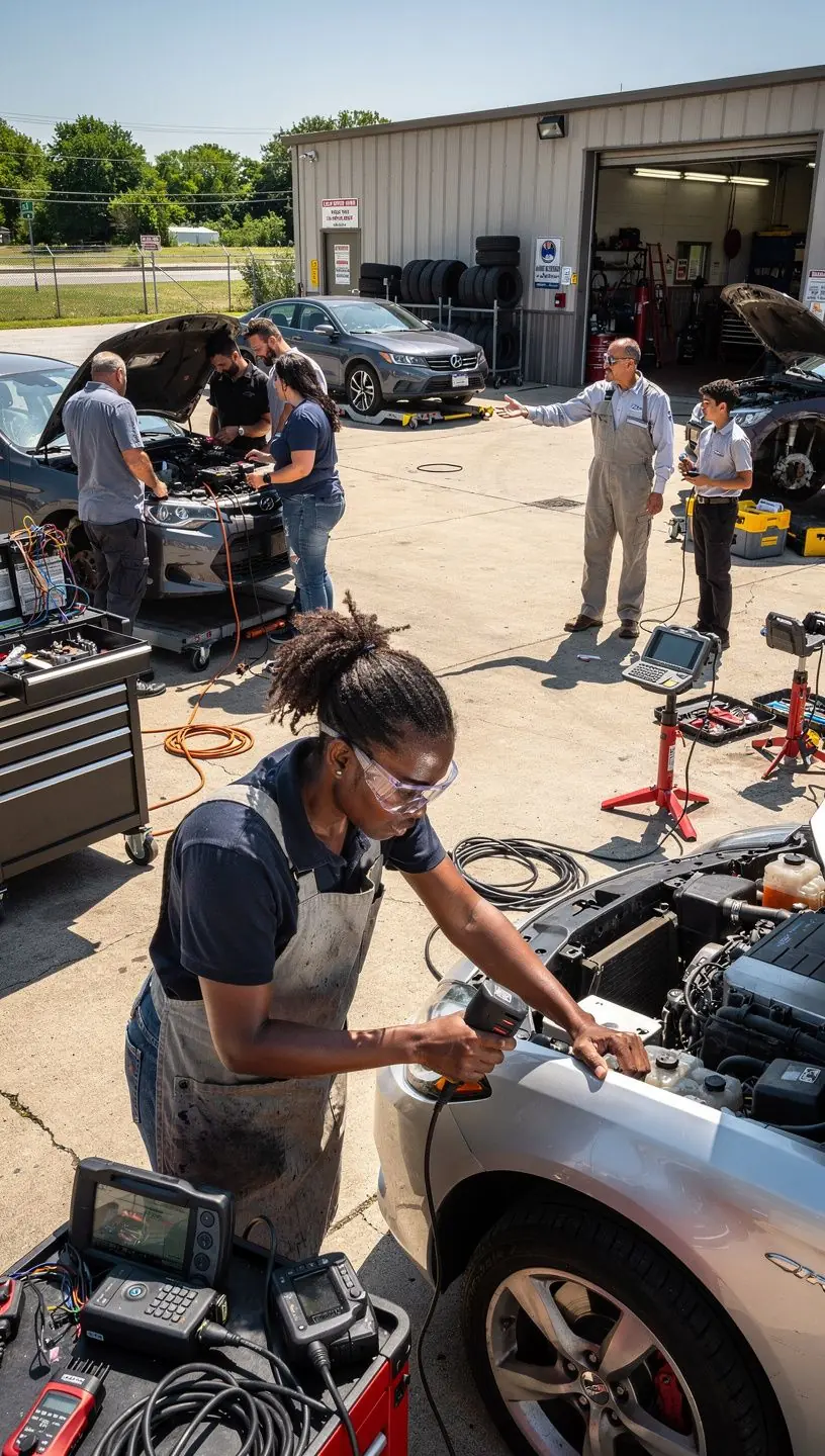 Automechaniker wechselt Reifen an einem PKW in einer professionellen Autoreparaturstation