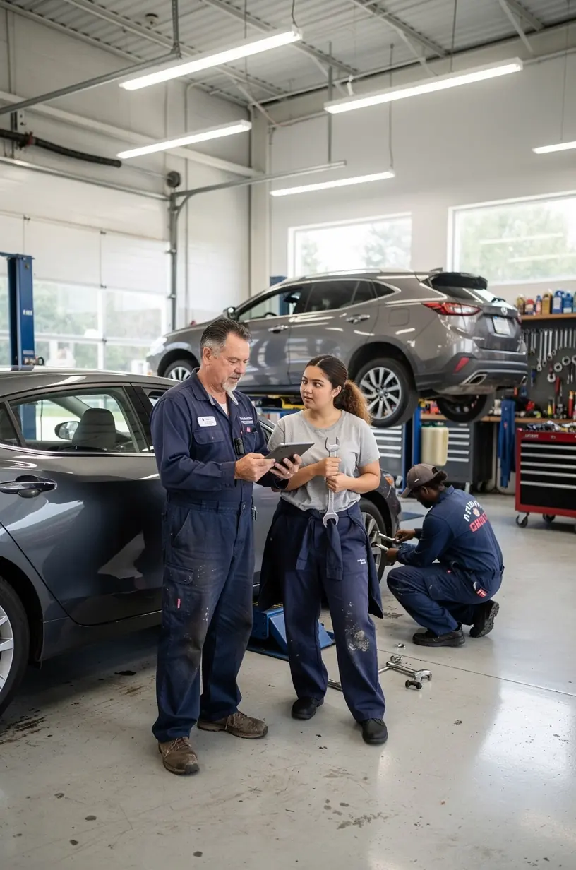 Techniker überprüft Motorölstand bei einem Fahrzeug während der Wartung